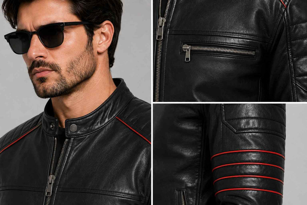 Men's Black Leather Biker Jacket with Red Accents | Motorcycle Style