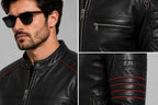 Men's Black Leather Biker Jacket with Red Accents | Motorcycle Style