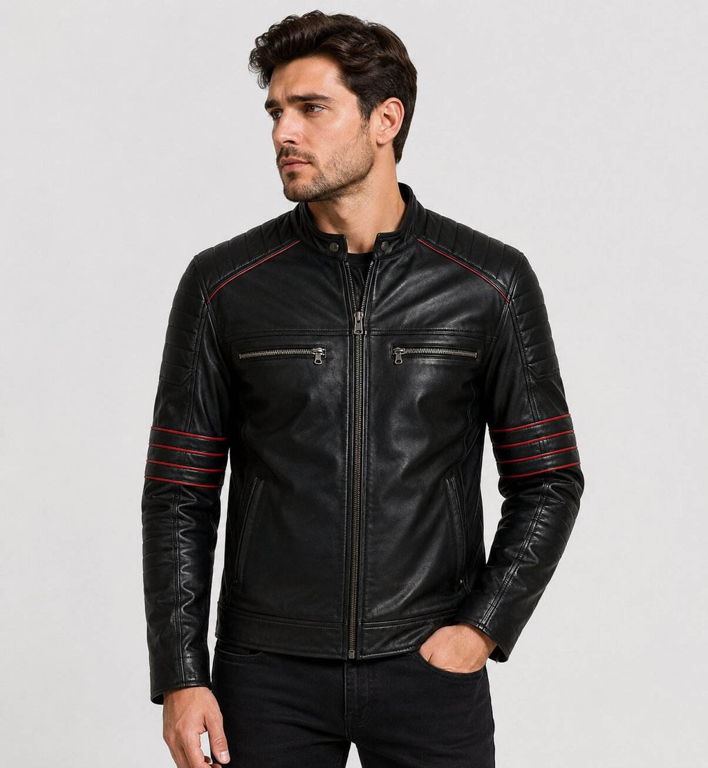 Men's Black Leather Biker Jacket with Red Accents | Motorcycle Style
