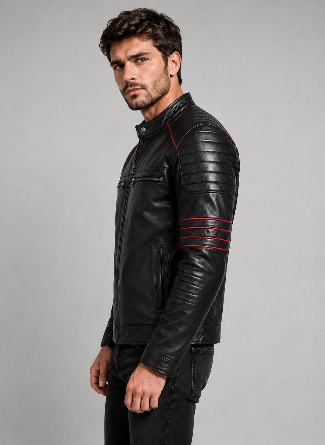 Men's Black Leather Biker Jacket with Red Accents | Motorcycle Style