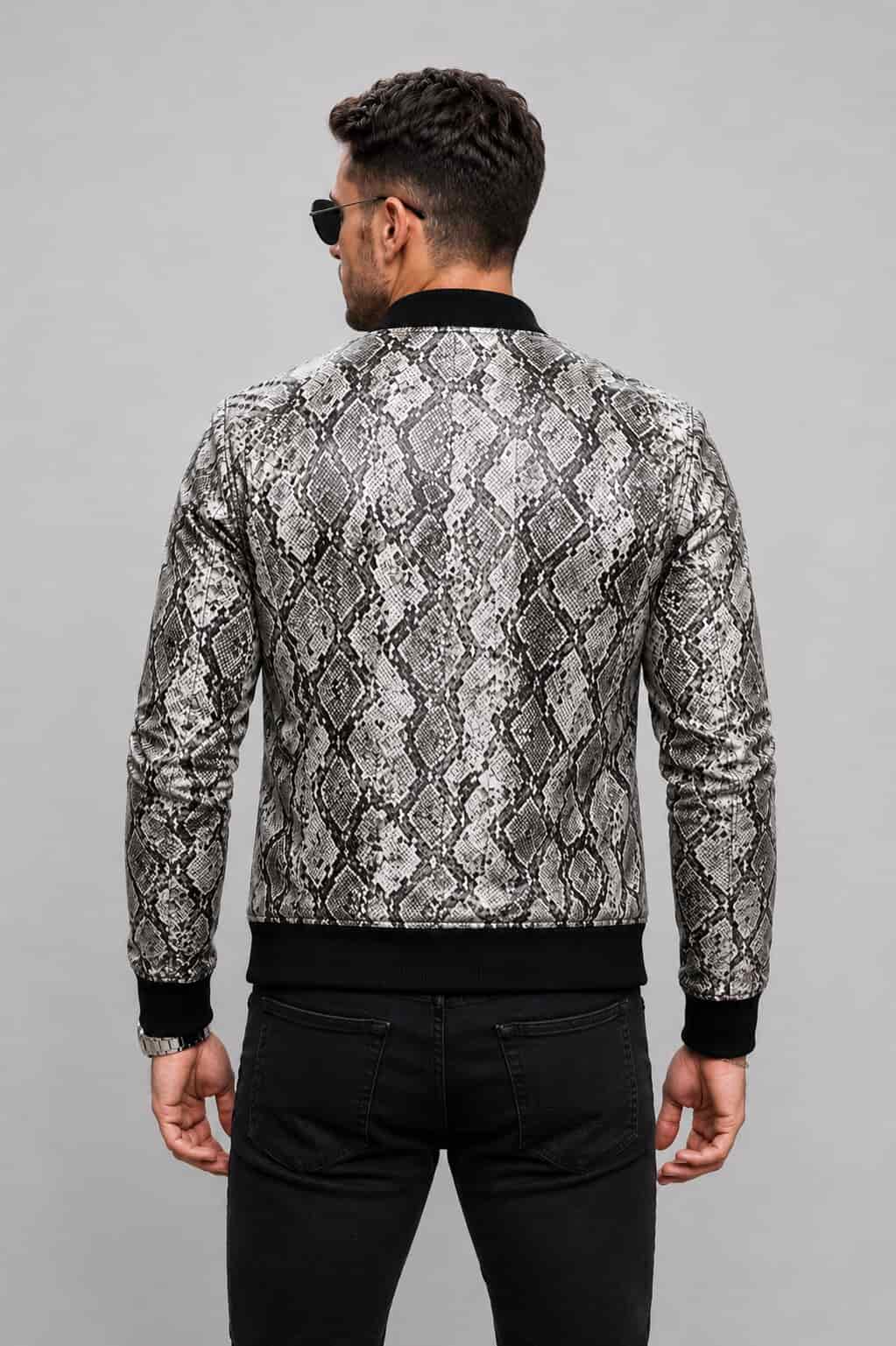 Men's Black Python Embossed Leather Bomber Jacket
