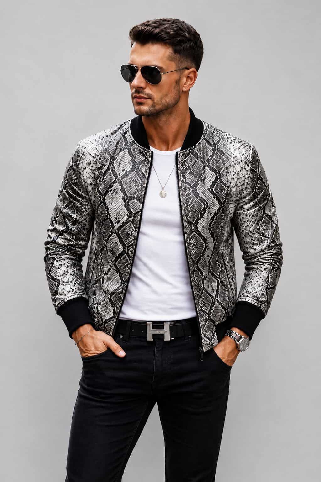 Men's Black Python Embossed Leather Bomber Jacket