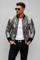 Men's Black Python Embossed Leather Bomber Jacket