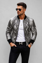 Men's Black Python Embossed Leather Bomber Jacket