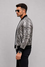 Men's Black Python Embossed Leather Bomber Jacket