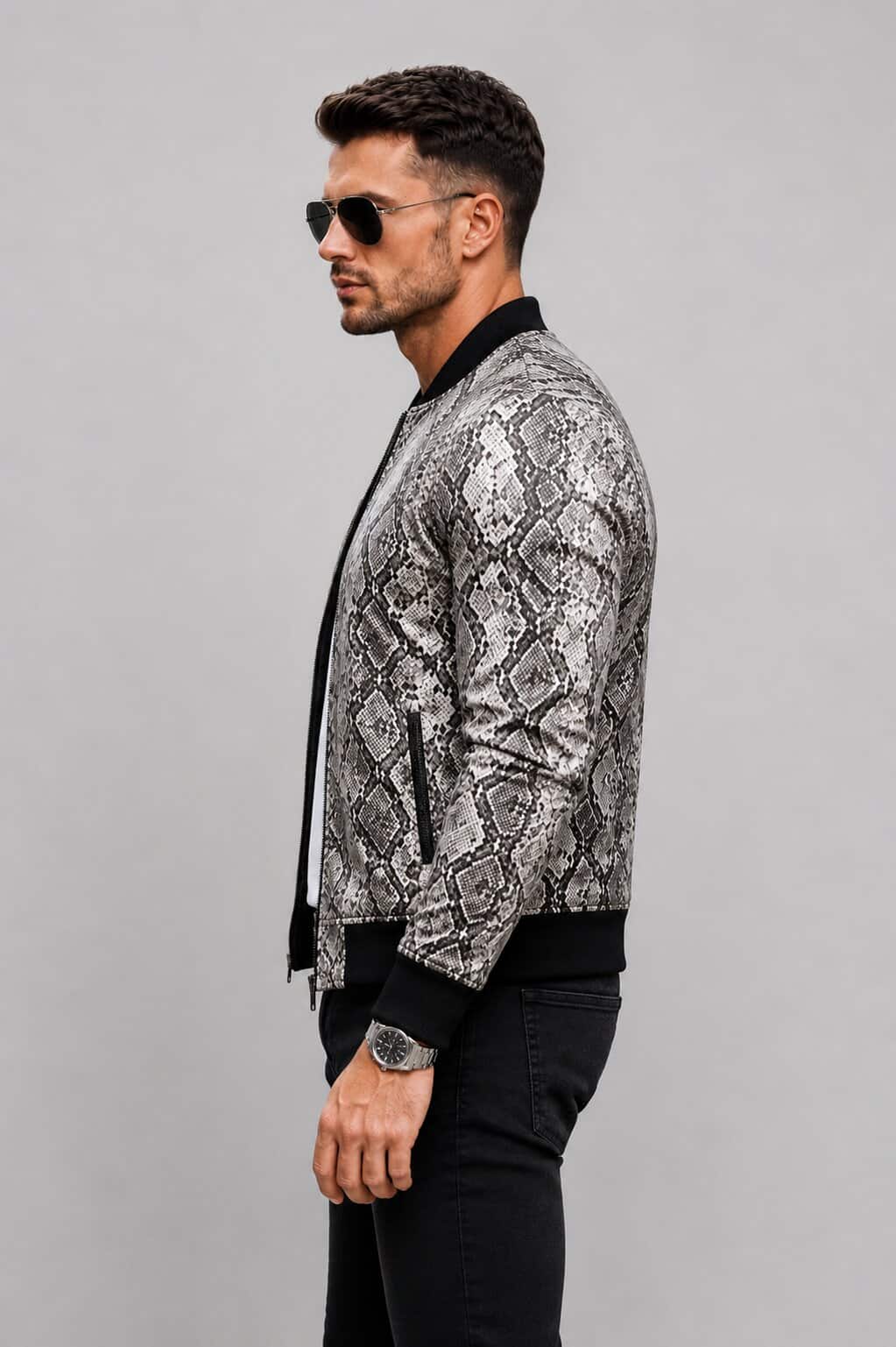 Men's Black Python Embossed Leather Bomber Jacket