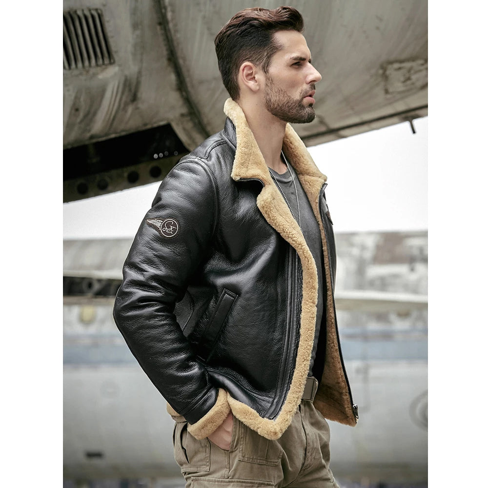 Men's Leather Shearling Jacket Sheepskin Aviator Jacket