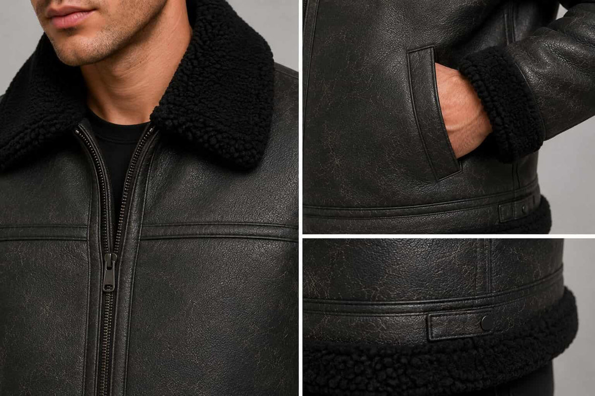 Men's Black Shearling Leather Jacket - Real Sheepskin Aviator