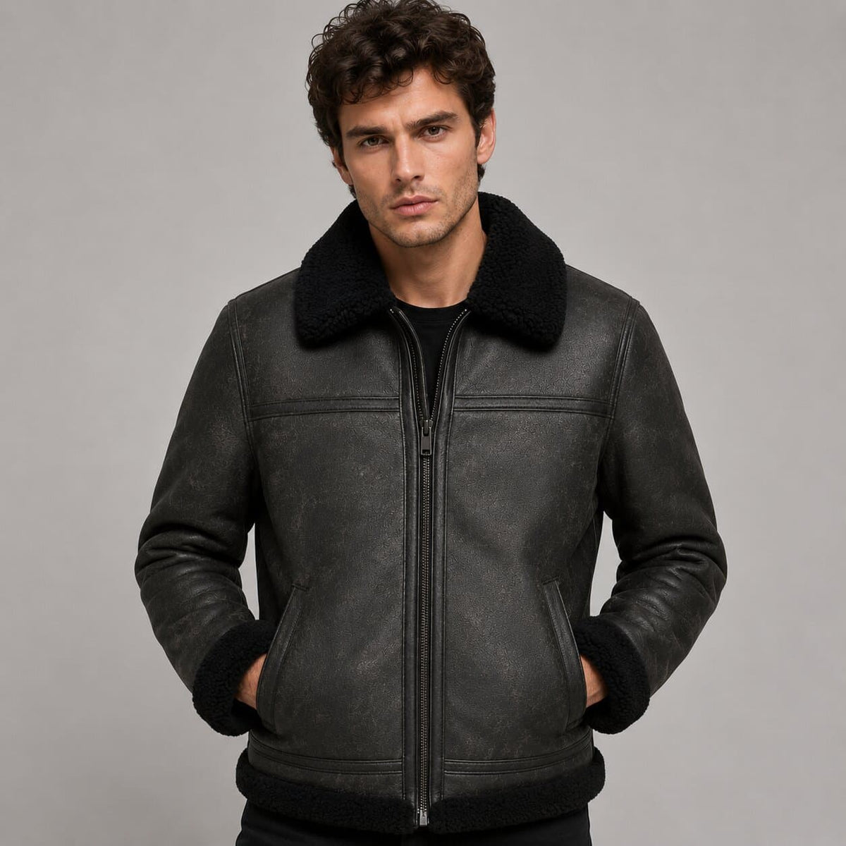 Men's Black Shearling Leather Jacket - Real Sheepskin Aviator