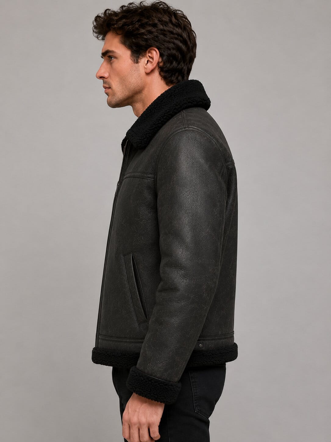 Men's Black Shearling Leather Jacket - Real Sheepskin Aviator