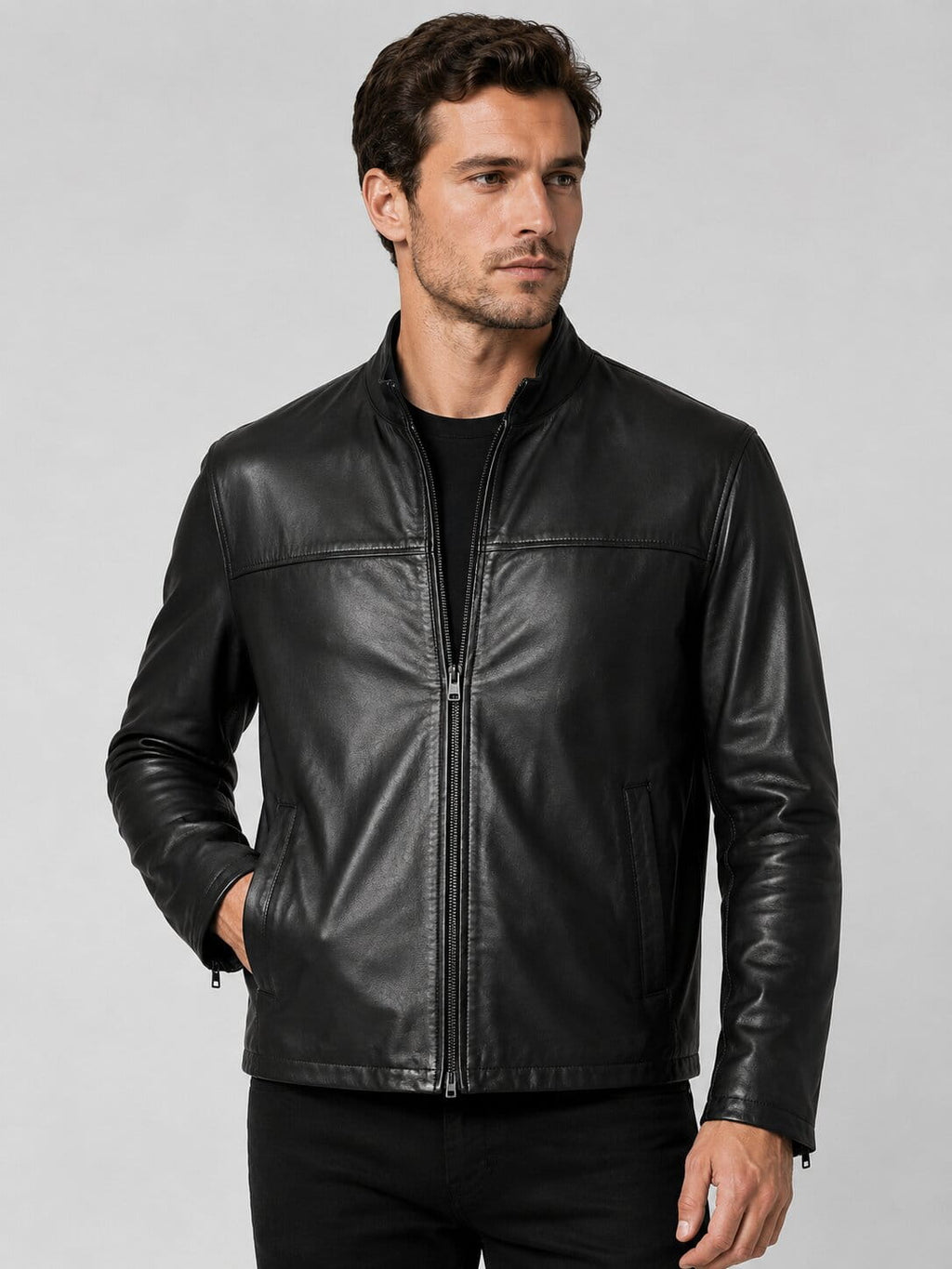 Men's Black Sheepskin Biker Jacket - Classic Leather Design
