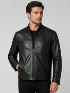 Men's Black Sheepskin Biker Jacket - Classic Leather Design