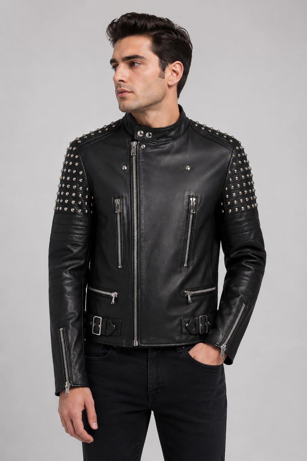 Men's Black Studded Leather Biker Jacket – Bold Punk Rock Statement