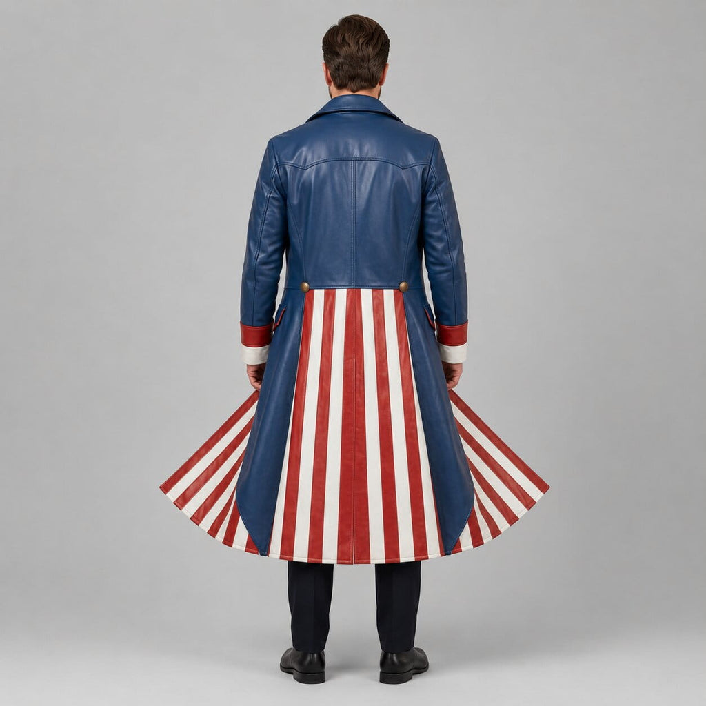 Men's Blue Genuine Leather Long Coat with Patriotic Cosplay Trench Design