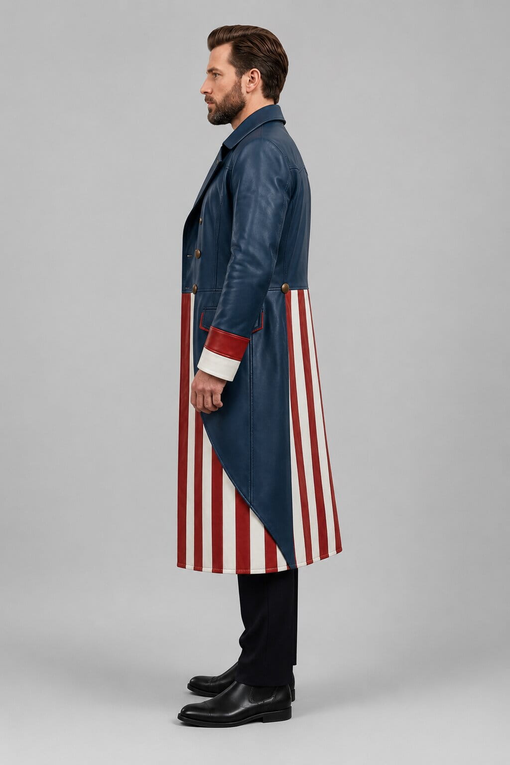 Men's Blue Genuine Leather Long Coat with Patriotic Cosplay Trench Design