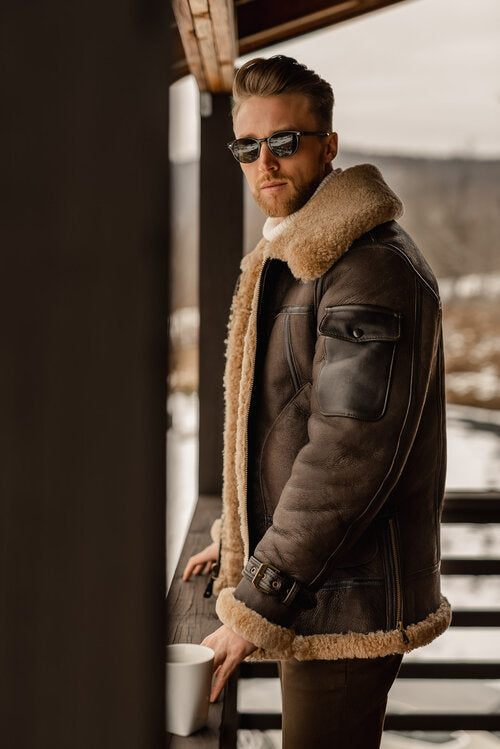 Men's Brown B3 RAF Flying Aviator Shearling Leather Long Jacket Coat