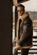 Men's Brown B3 RAF Flying Aviator Shearling Leather Long Jacket Coat