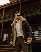 Men's Brown B3 RAF Flying Aviator Shearling Leather Long Jacket Coat