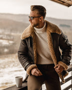Men's Brown B3 RAF Flying Aviator Shearling Leather Long Jacket Coat