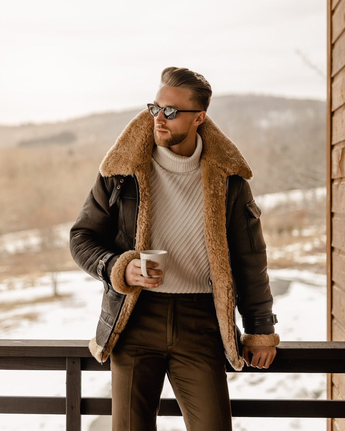 Men's Brown B3 RAF Flying Aviator Shearling Leather Long Jacket Coat