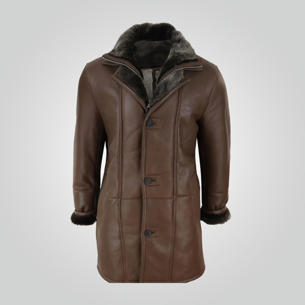 Men’s Brown Duffle Jacket Sheepskin Long Coat