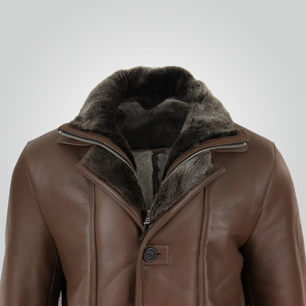 Men’s Brown Duffle Jacket Sheepskin Long Coat