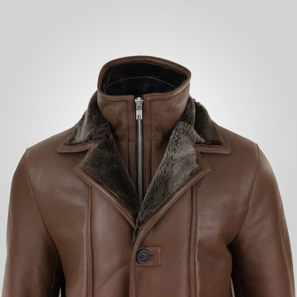 Men’s Brown Duffle Jacket Sheepskin Long Coat