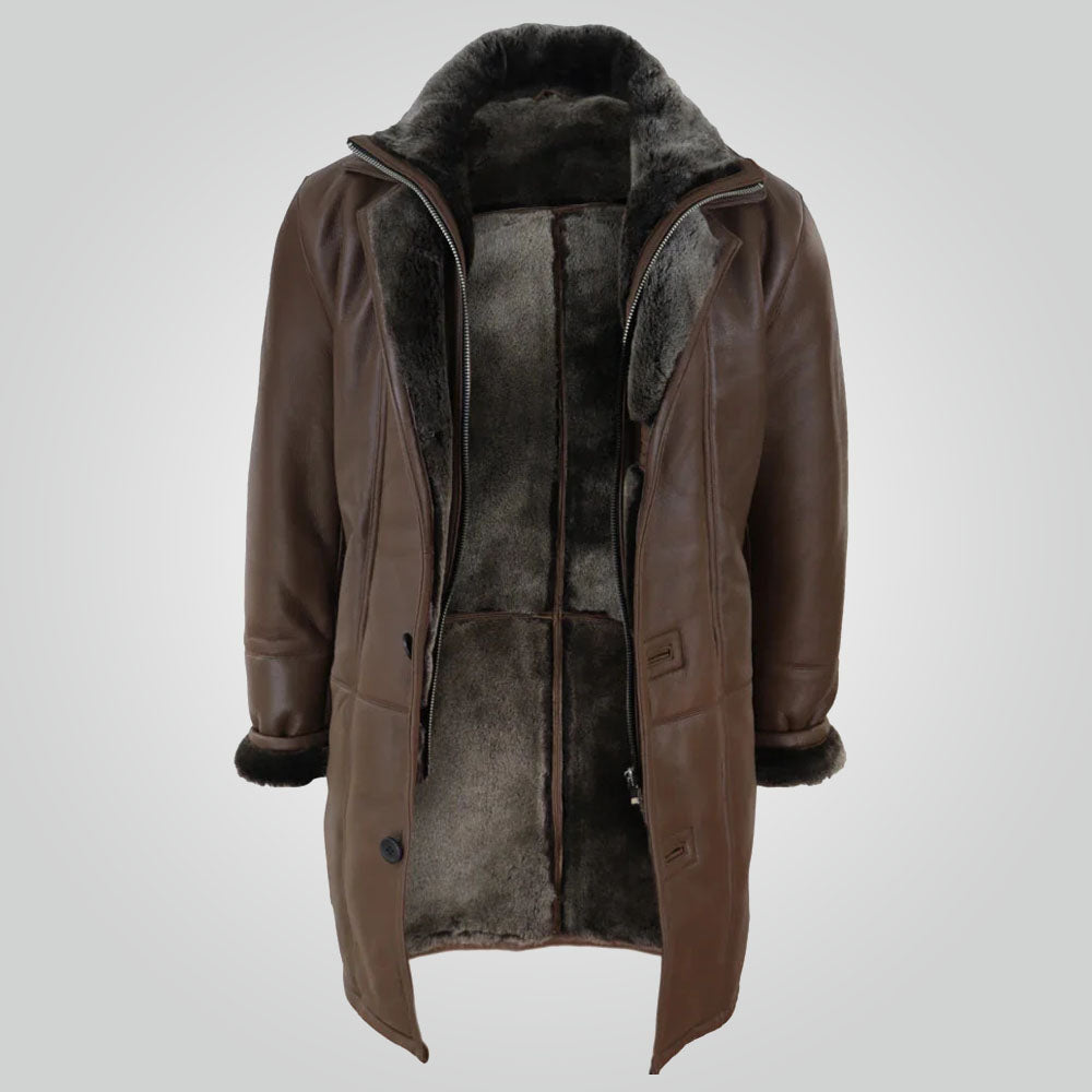 Men’s Brown Duffle Jacket Sheepskin Long Coat