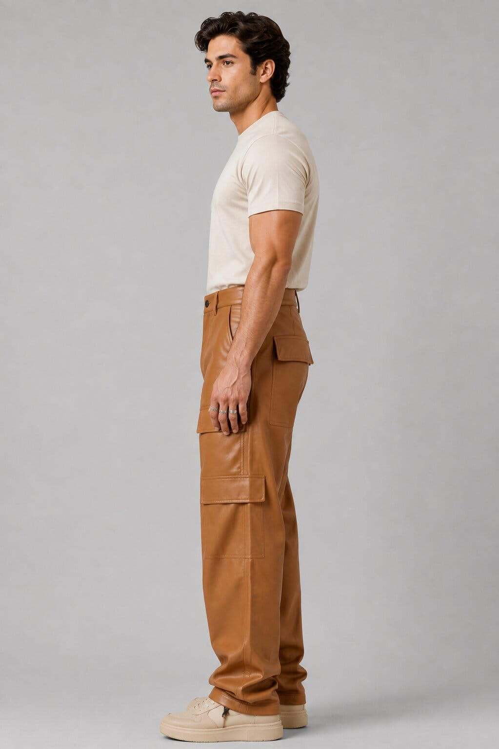 Men's Leather Cargo Pant In Brown