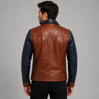 Men's Brown Navy Two Tone Leather Cafe Racer Jacket
