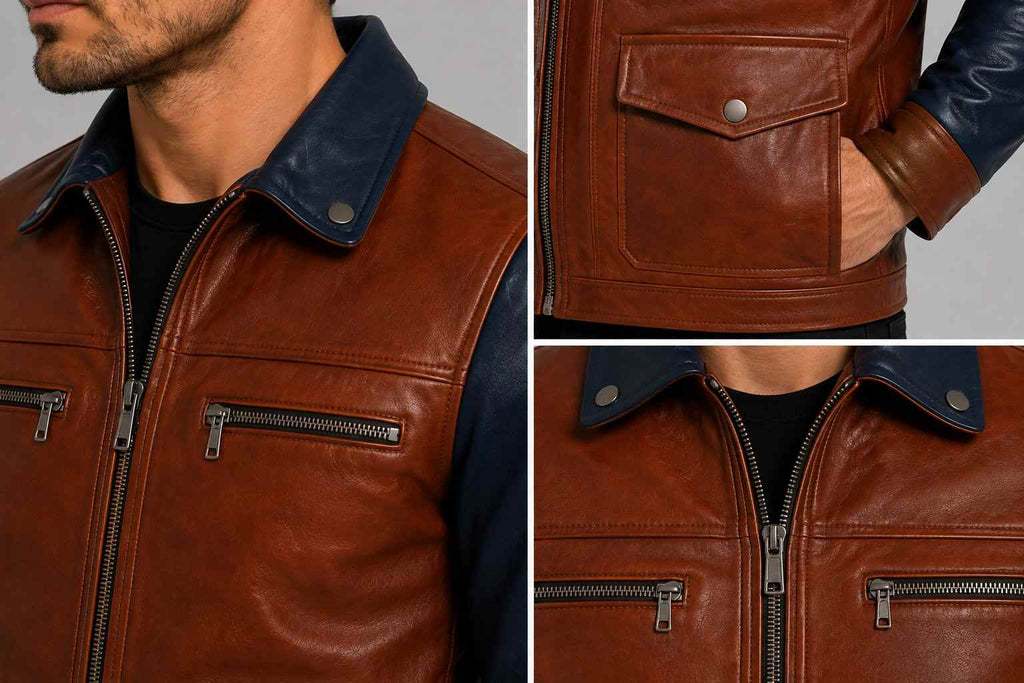 Men's Brown Navy Two Tone Leather Cafe Racer Jacket