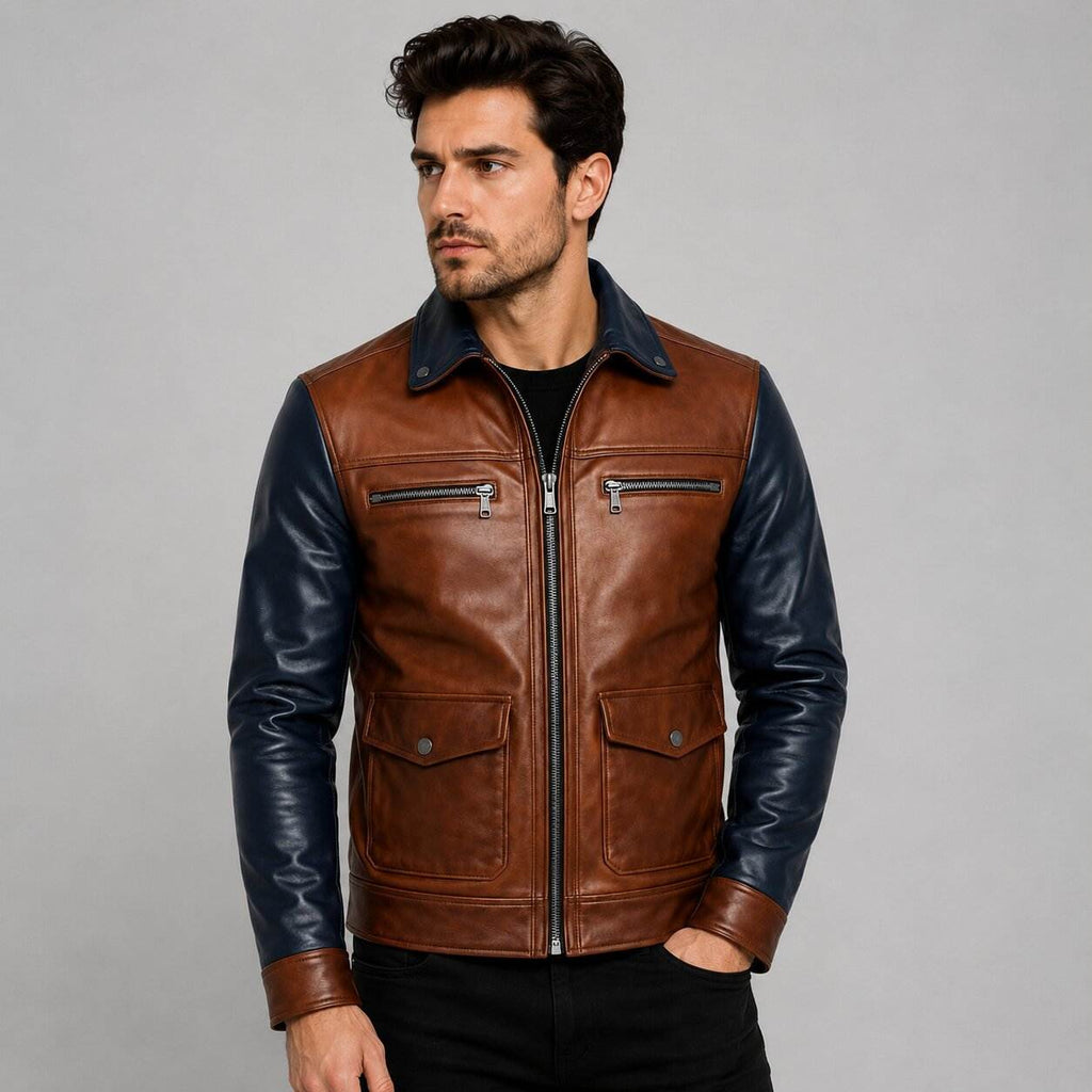 Men's Brown Navy Two Tone Leather Cafe Racer Jacket