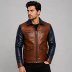 Men's Brown Navy Two Tone Leather Cafe Racer Jacket