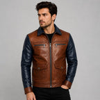 Men's Brown Navy Two Tone Leather Cafe Racer Jacket