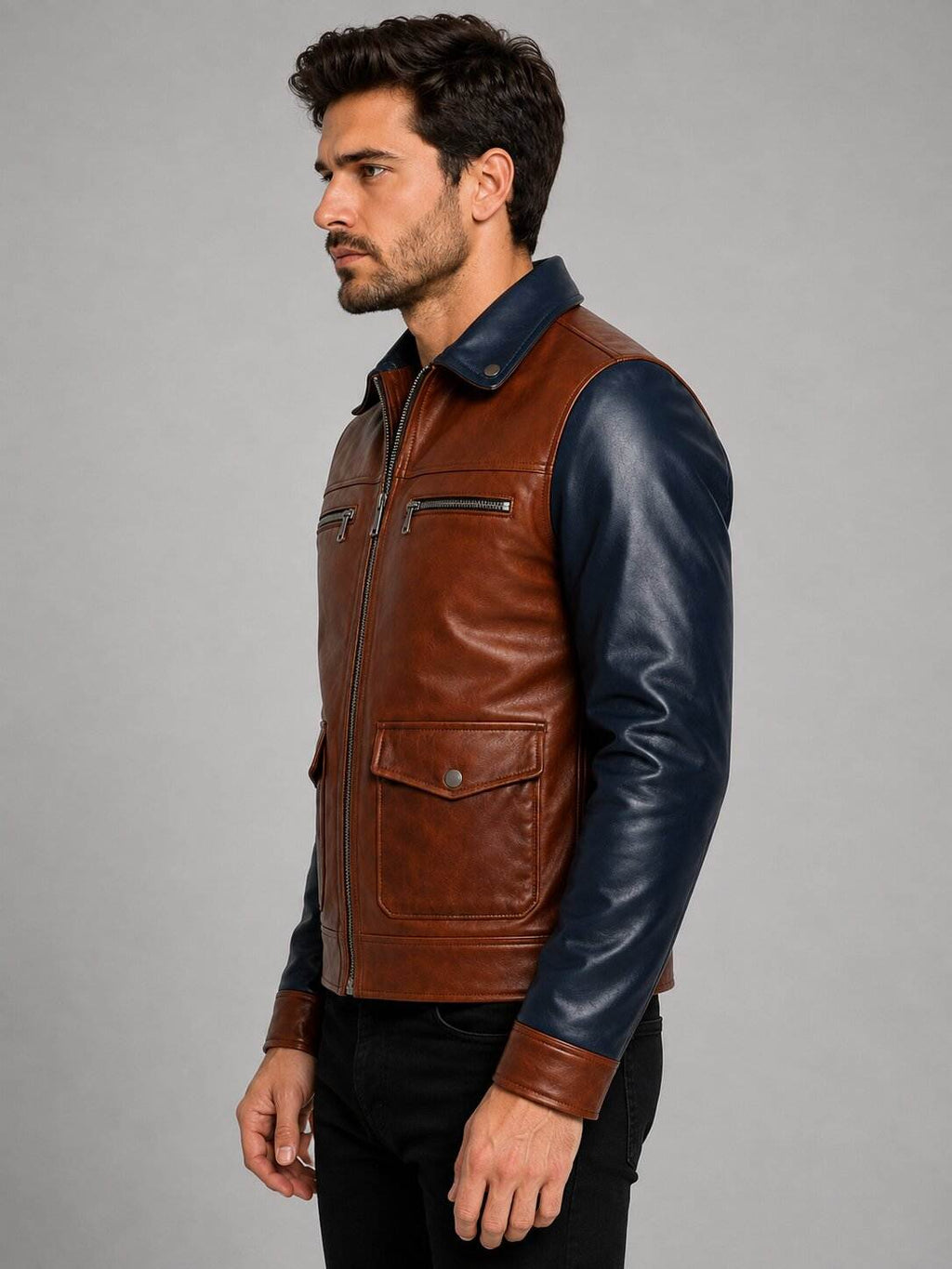 Men's Brown Navy Two Tone Leather Cafe Racer Jacket
