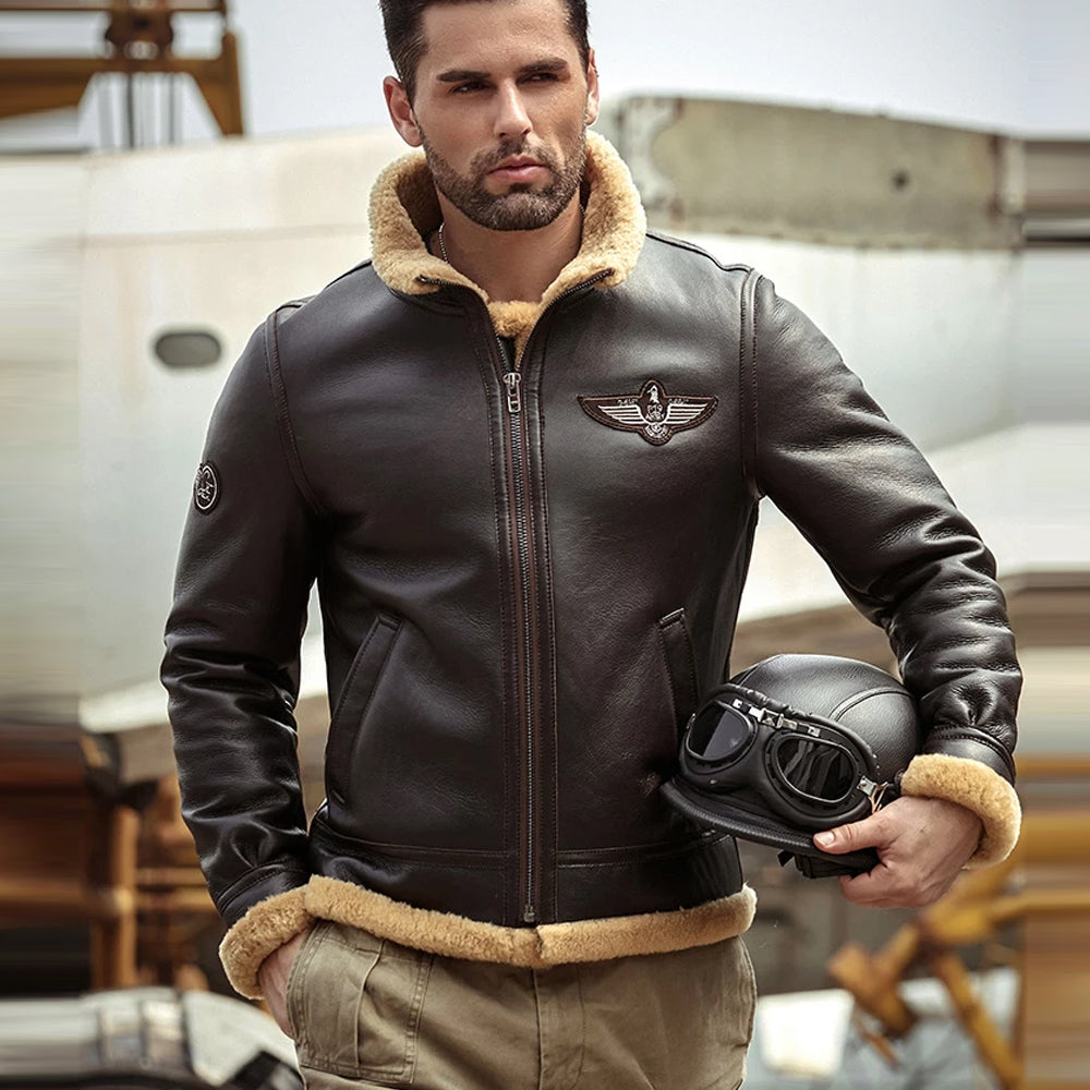 Men's Brown RAF Aviator Airforce Sheepskin Shearling Leather Jacket Coat