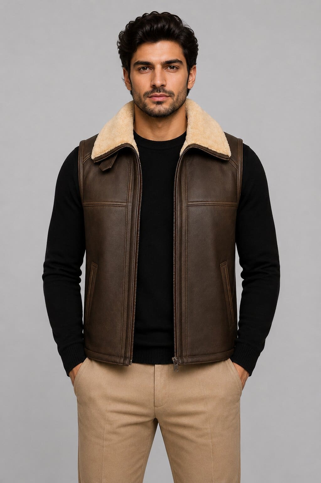 Men's Brown Shearling Leather Vest - Genuine Sheepskin Fur