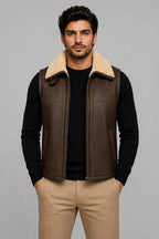 Men's Brown Shearling Leather Vest - Genuine Sheepskin Fur