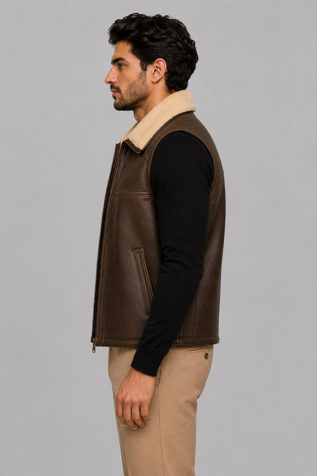Men's Brown Shearling Leather Vest - Genuine Sheepskin Fur