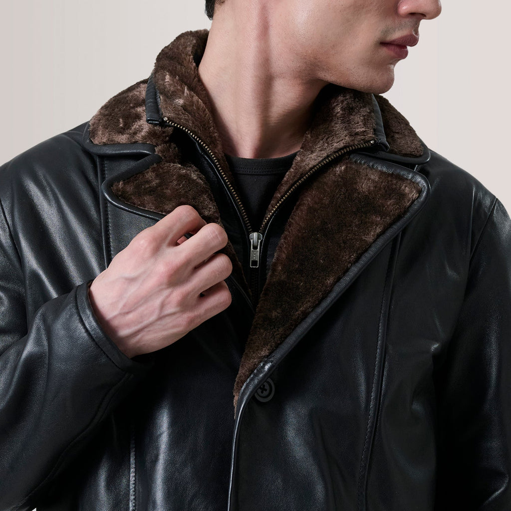 Cai Black Leather Shearling Coat