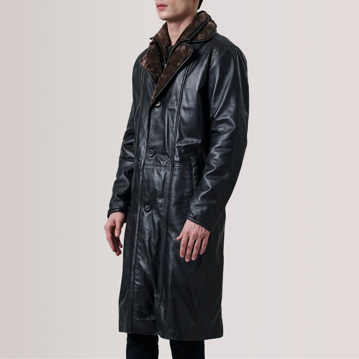 Cai Black Leather Shearling Coat