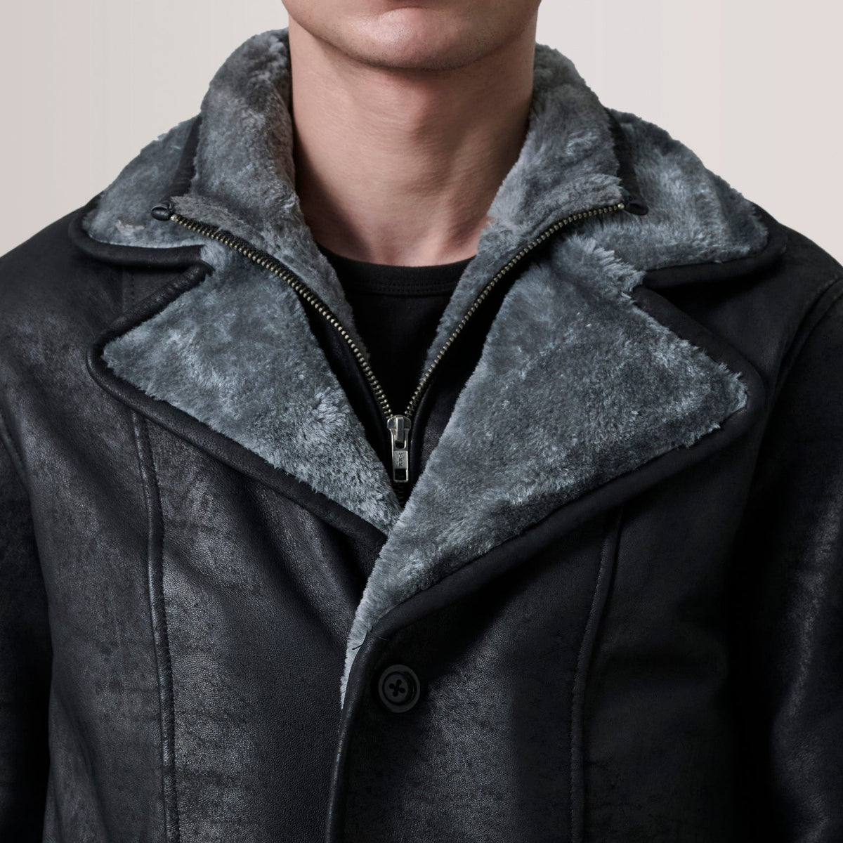 Cai Distressed Black Leather Shearling Coat