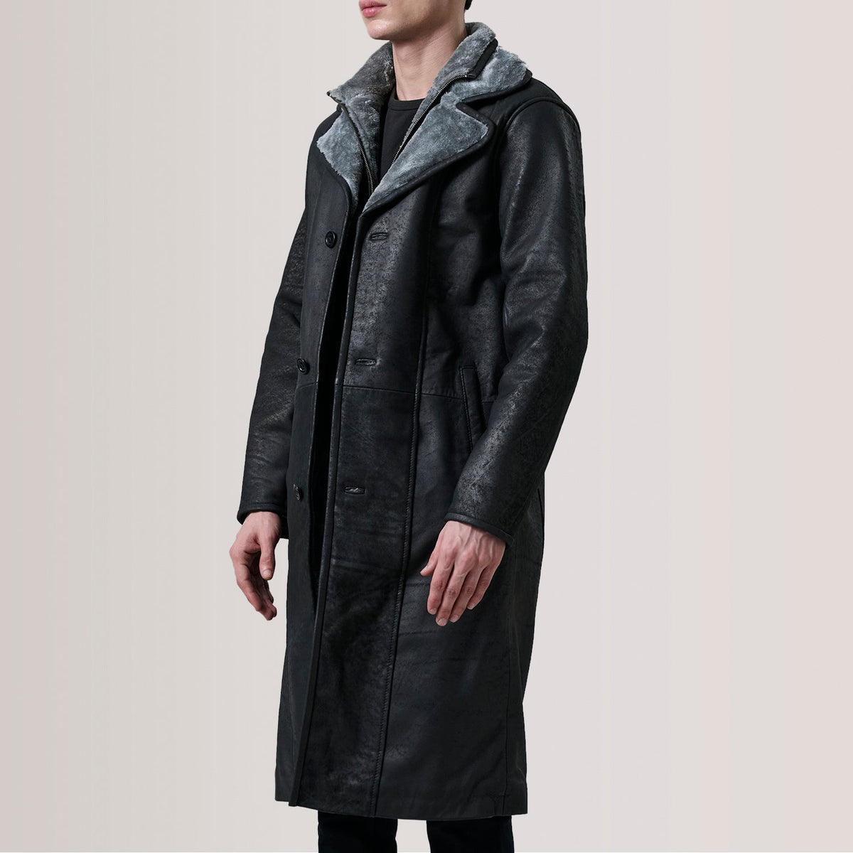 Cai Distressed Black Leather Shearling Coat