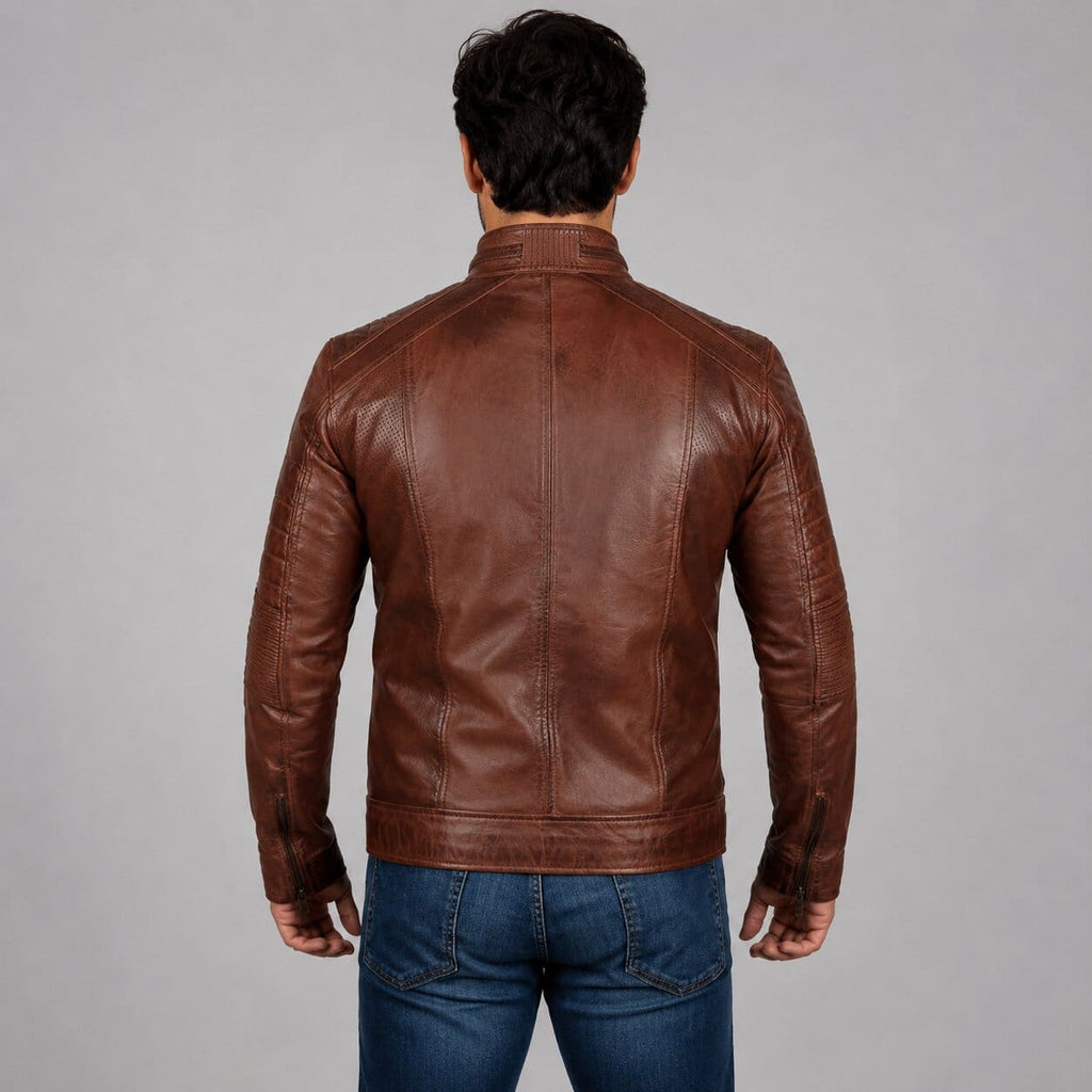 Men’s Cognac Brown Distressed Motorcycle Leather Jacket - Premium Style