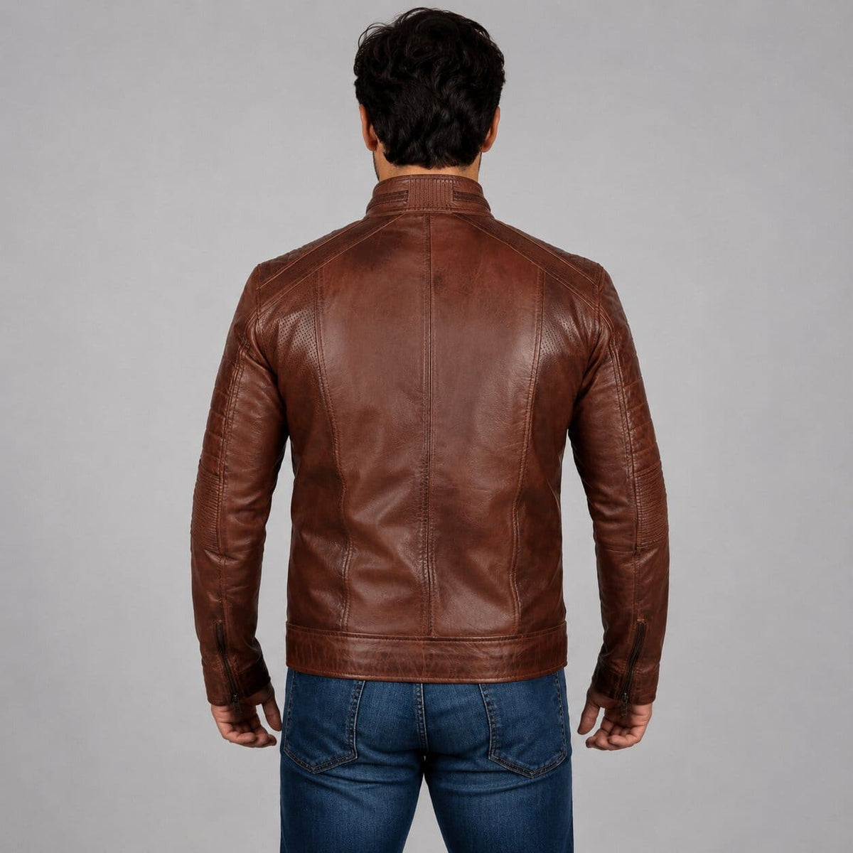 Men’s Cognac Brown Distressed Motorcycle Leather Jacket - Premium Style