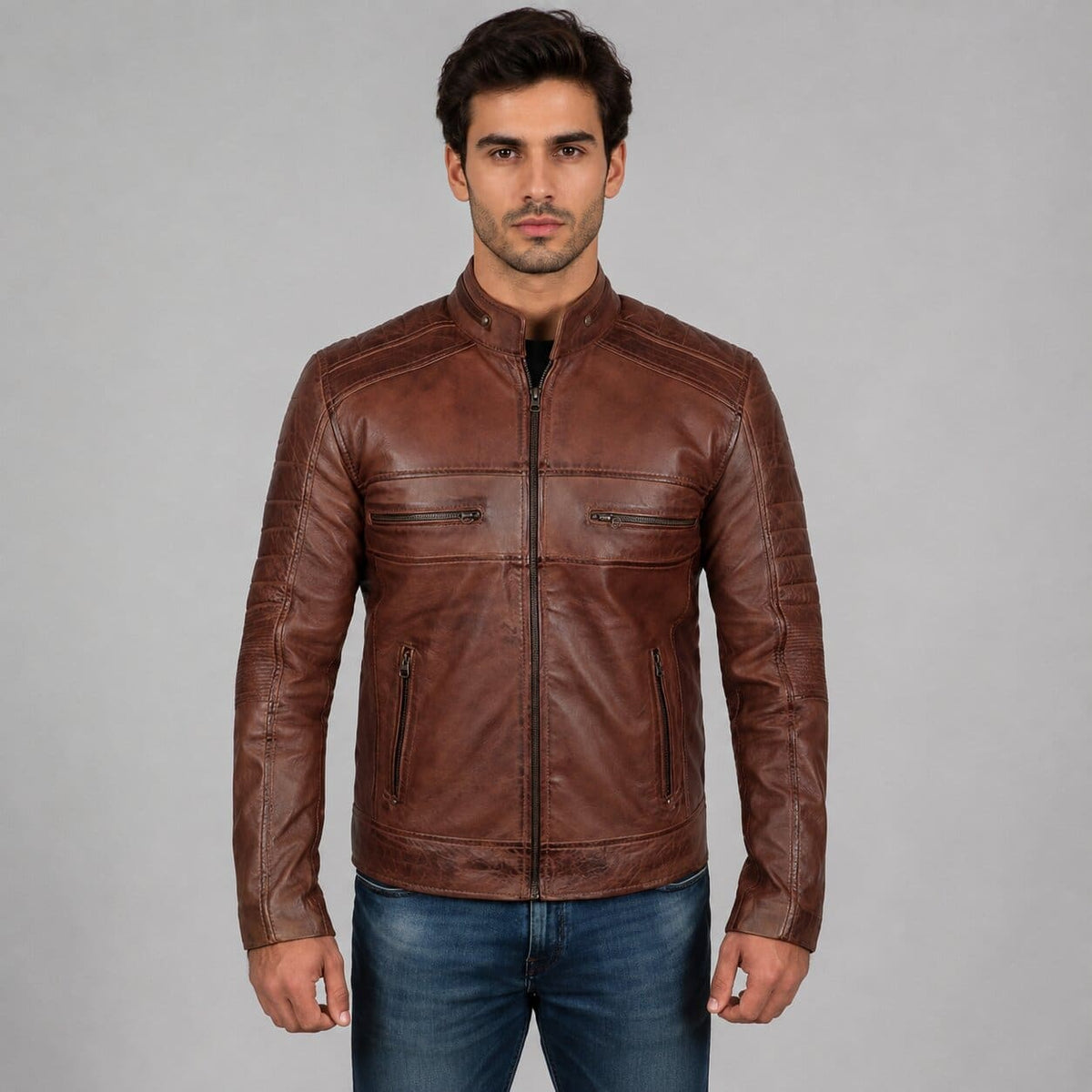 Men’s Cognac Brown Distressed Motorcycle Leather Jacket - Premium Style
