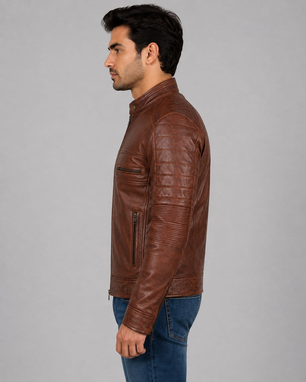 Men’s Cognac Brown Distressed Motorcycle Leather Jacket - Premium Style