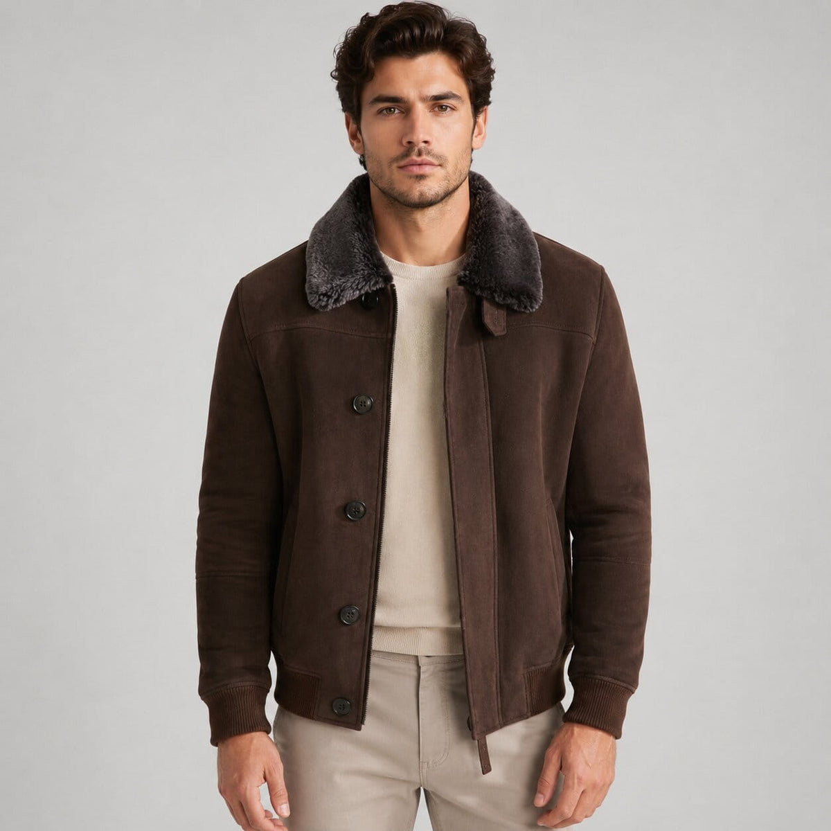 Men's Dark Brown Sheepskin Aviator Bomber Jacket - Classic Style
