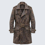 Men's Distressed Brown Genuine Leather Trench Coat with Gothic Pirate Captain Style