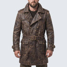 Men's Distressed Brown Genuine Leather Trench Coat with Gothic Pirate Captain Style